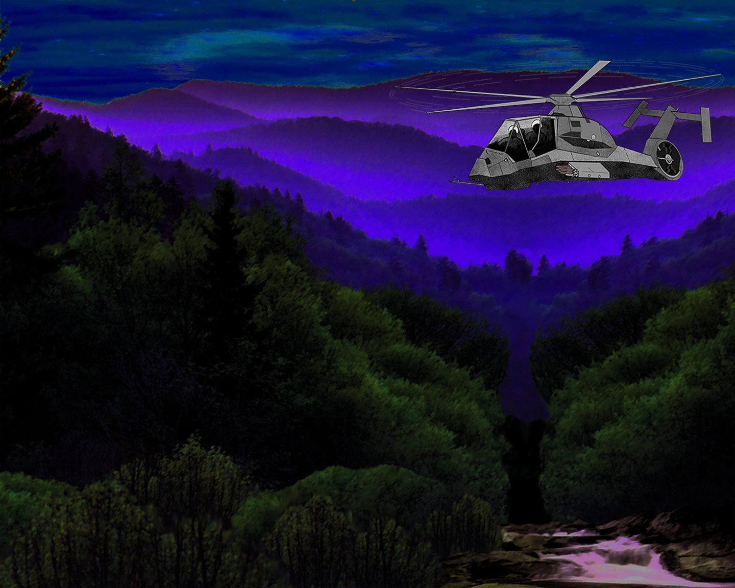 Night scene of the Hornet chopper over a woodland creek with hills receding into background